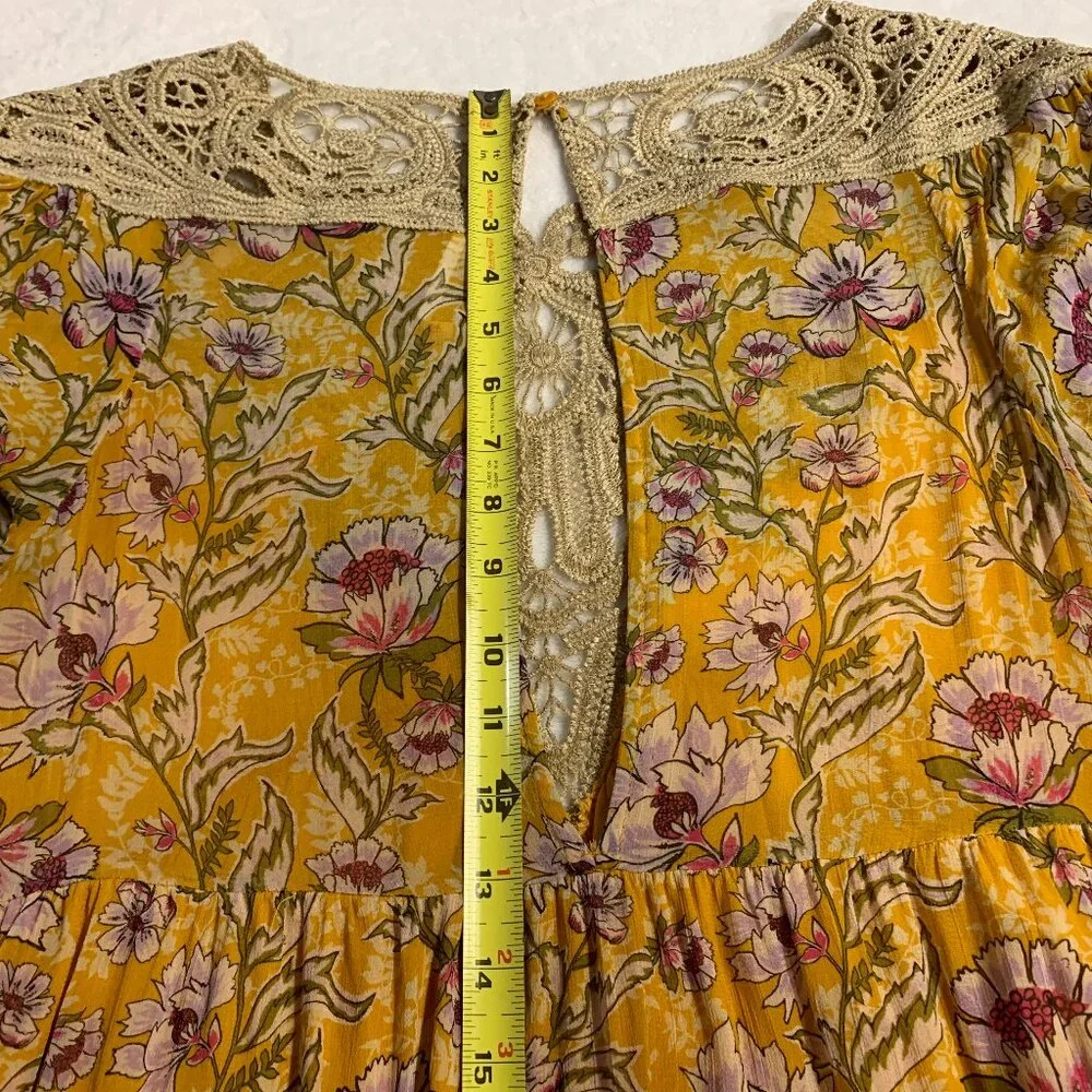 Free People Margot Floral Babydoll Mini Dress XS Yellow Lace Pockets
